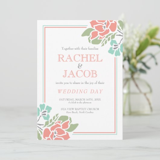 Moderne bloemrijke koraal en turquoise bruiloft kaart (Staand voorkant)