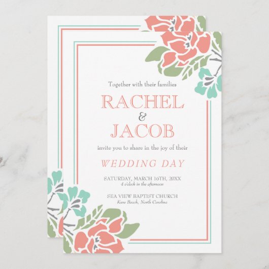 Moderne bloemrijke koraal en turquoise bruiloft kaart (Voorkant / Achterkant)