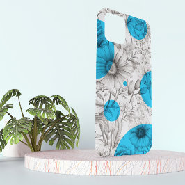 Moderne Bloemtekening Cyaan Blauw Retro cirkels