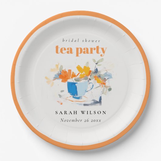 Moderne bloemtheekop bruidsshower theeparty papieren bordje (Voorkant)