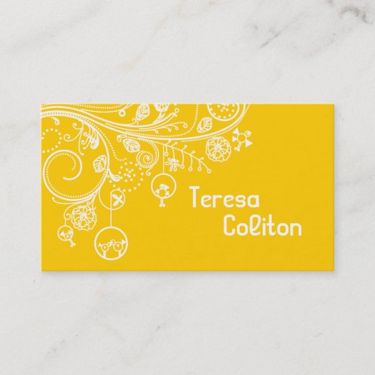 Moderne bloemwervelingen & vogels geel visitekaartje (Voorkant)