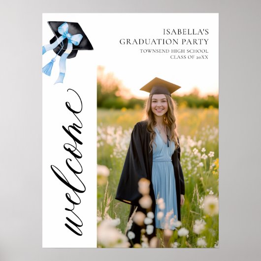 Moderne Blue Bow Coquette Graduation Cap Welkom Poster (Voorkant)