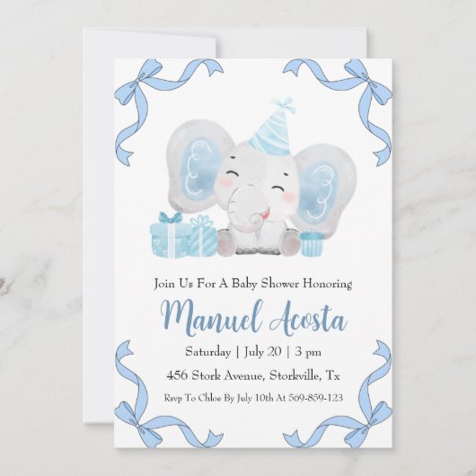 Moderne Blue Elephant Baby Shower Uitnodigingen (Voorkant)