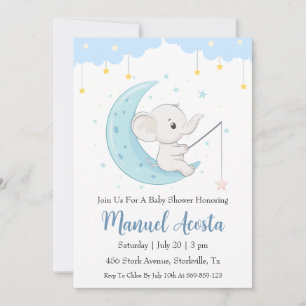 Moderne Blue Elephant Baby Shower Uitnodigingen