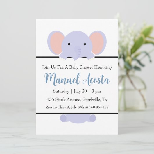 Moderne Blue Elephant Baby Shower Uitnodigingen (Staand voorkant)