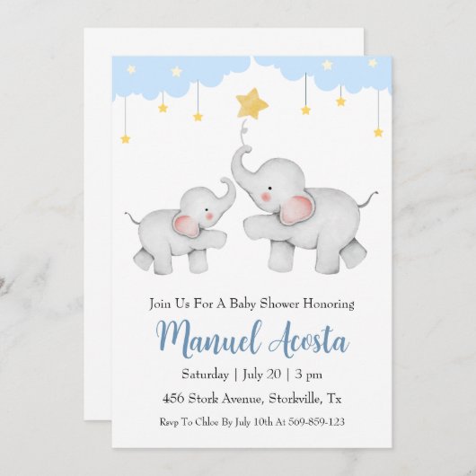 Moderne Blue Elephant Baby Shower Uitnodigingen (Voorkant / Achterkant)