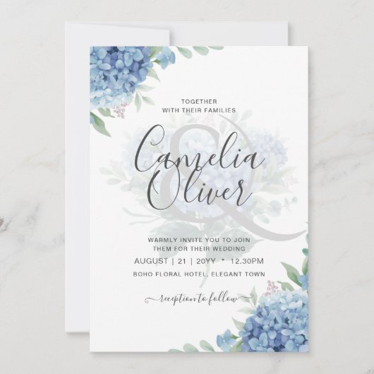 Moderne Blue Hydrangea Floral Faire-part de mariag (Devant)