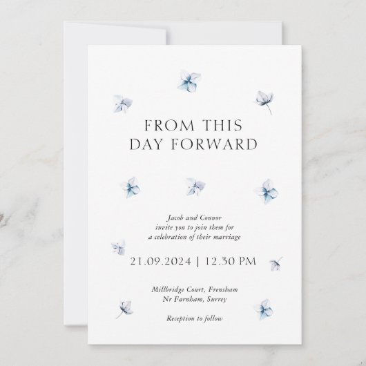 Moderne Blue Hydrangea Floral Faire-part de mariag (Devant)