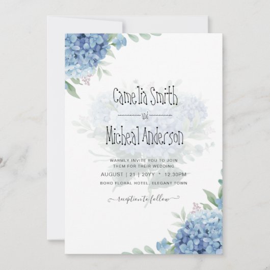 Moderne Blue Hydrangea Floral Faire-part de mariag (Devant)