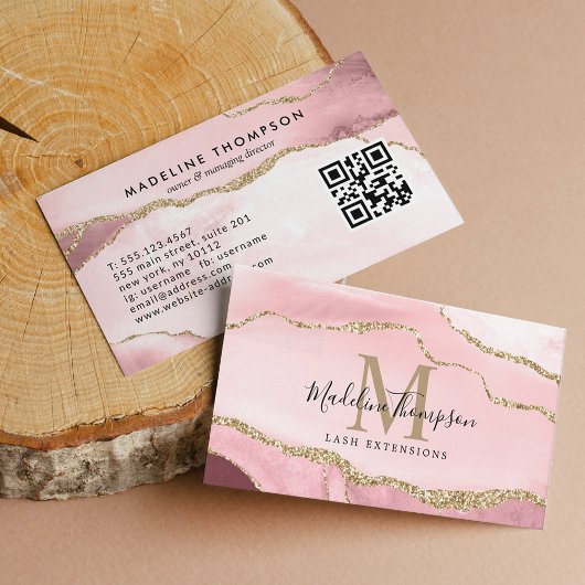Moderne Blush Agate Geode Gold Monogram QR Code Visitekaartje