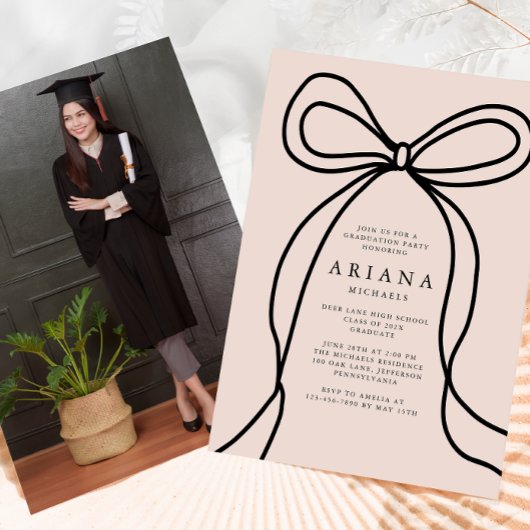 Moderne Blush Bow foto Graduation Party Uitnodigin Aankondiging