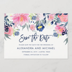 Moderne Blush en Navy Bloemen Bruiloft Save the Da Date