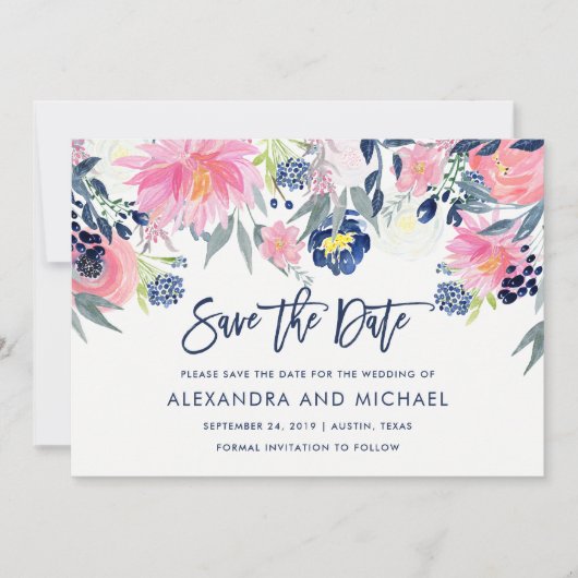Moderne Blush en Navy Bloemen Bruiloft Save the Da Date (Voorkant)