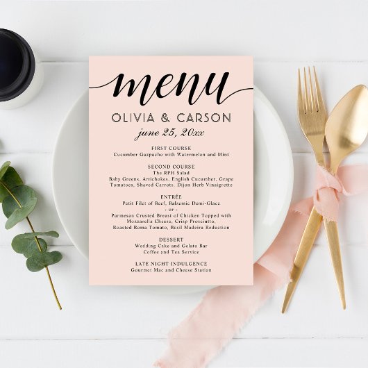 Moderne Blush en Zwarte Script Bruiloft Menu