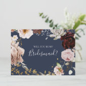 Moderne Blush Floral Navy Bridesmaid-kaart Kaart (Staand voorkant)