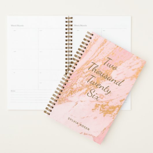 Moderne Blush Goud Marmeren Patroon Girly Naam Planner (Display)