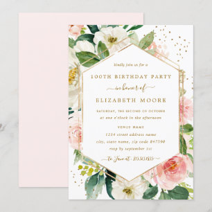 Moderne Blush Gouden Bloem 100ste Verjaardag Kaart