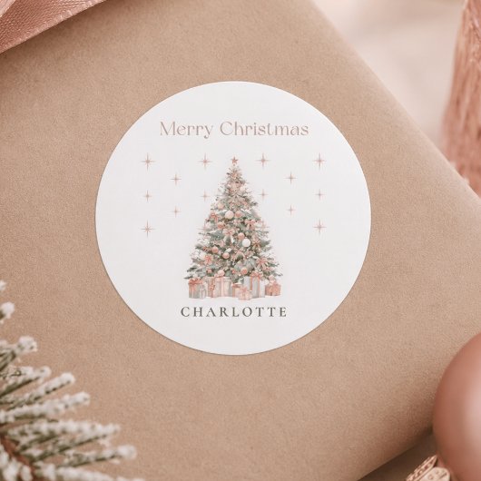 Moderne Blush Kerstboom – Persoonlijke Kerst Ronde Sticker