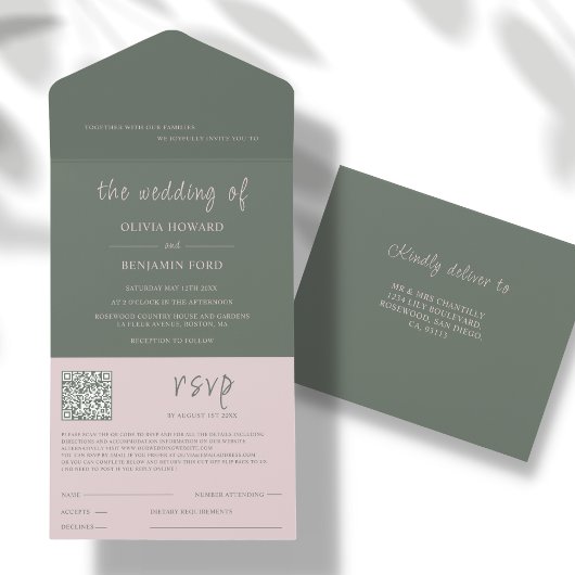 Moderne Blush & Moss QR Code All In One Invitation