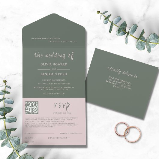 Moderne Blush & Moss QR Code All In One Invitation