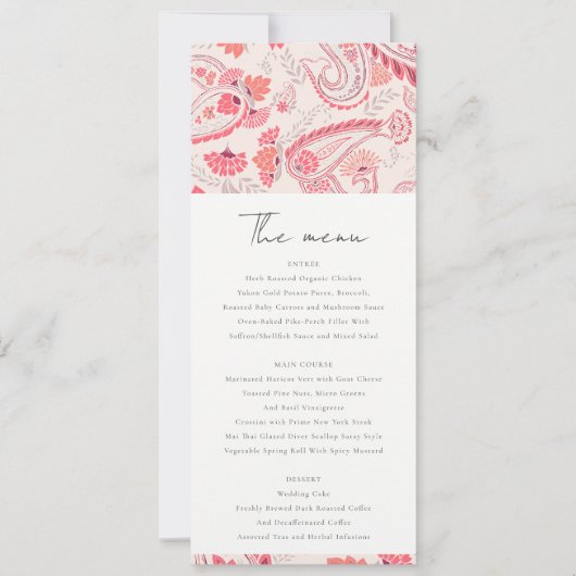 Moderne Blush Paisley Typography Wedding Menu Kaar Kaart (Voorkant)