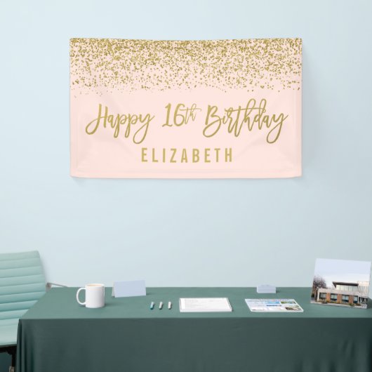 Moderne Blush Pink Faux Gold Glitter 16e verjaarda Spandoek (Beurs)