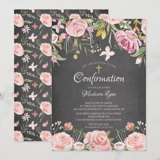 Moderne Blush Pink Floral & Gold Cross bevestiging Kaart (Voorkant / Achterkant)