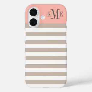 Moderne Blush Pink Neutrale strips Aangepast monog iPhone 16 Hoesje