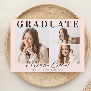 Moderne Blush Roze 3 Foto Graduation Party Kaart