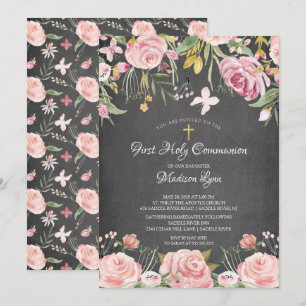 Moderne Blush Roze Bloemen Eerste Heilige Communie Kaart