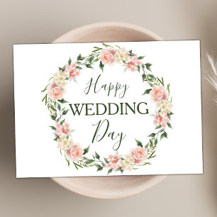 Moderne Blush Roze Bloemen Krans Gelukkige Bruilof Kaart