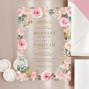 Moderne Blush Roze Bloemige Islamitische Moslim Br Acryl Uitnodigingen