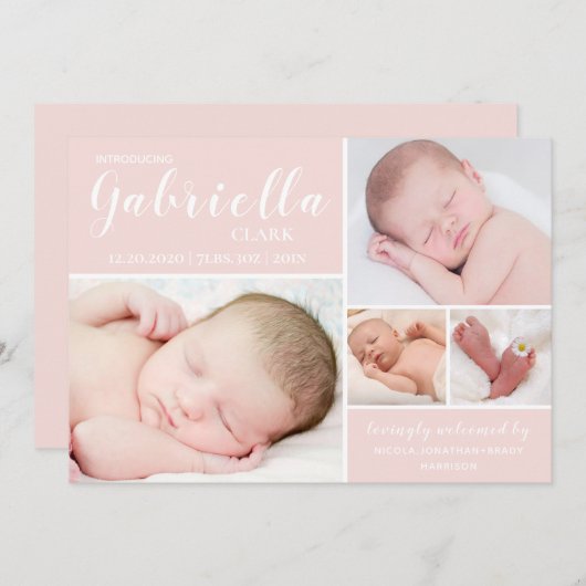 Moderne Blush Roze foto Collage Baby Girl Aankondiging (Voorkant / Achterkant)