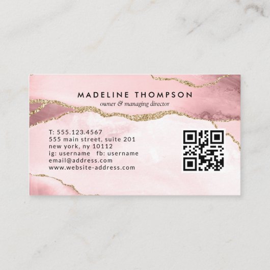 Moderne Blush Roze Geode Gold Glitter QR-code Visitekaartje (Achterkant)