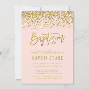 Moderne Blush Roze Gouden Faux Glitter Doop Uitnod Kaart