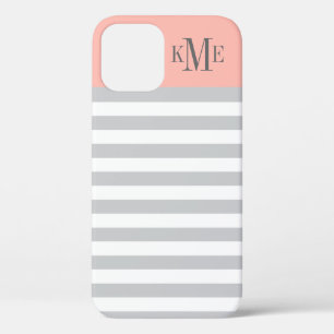 Moderne Blush Roze Grijze stripes Aangepast monogr iPhone 12 Hoesje