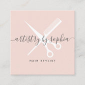 Moderne blush roze schaar script haarstylist vierkante visitekaartje (Voorkant)