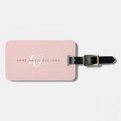 Moderne Blush Roze Witte Script Monogram Bagagelabel (Voorkant horizontaal)