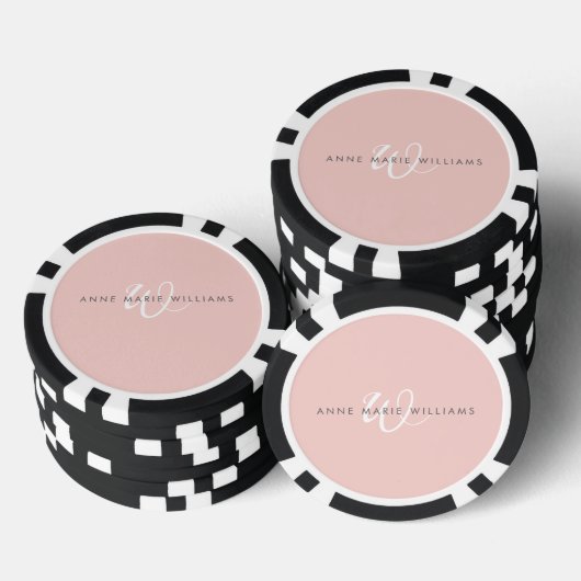 Moderne Blush Roze Witte Script Monogram Poker Chips (Opstapeling)