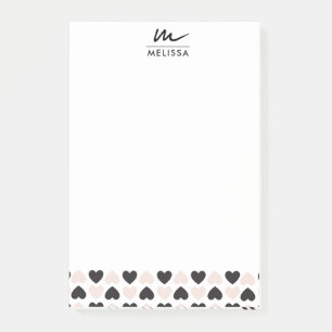 Moderne Blush Roze Zwart Liefde Harten Monogram Post-it® Notes