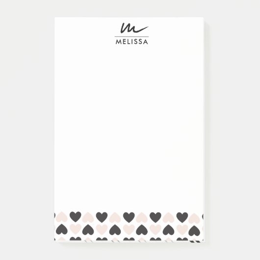 Moderne Blush Roze Zwart Liefde Harten Monogram Post-it® Notes (Voorkant)