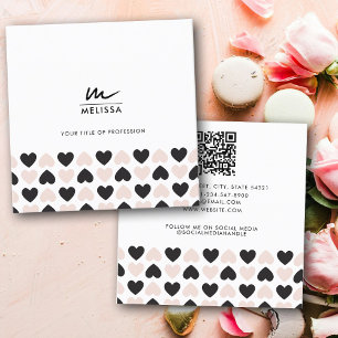 Moderne Blush Roze Zwart Liefde Harten QR Code Vierkante Visitekaartje