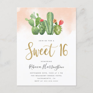 Moderne Blush Waterverf & Cactus Sweet 16 Uitnodiging Briefkaart