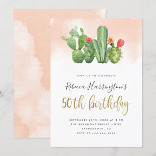 Moderne Blush Waterverf en Cactus 50e verjaardag Kaart