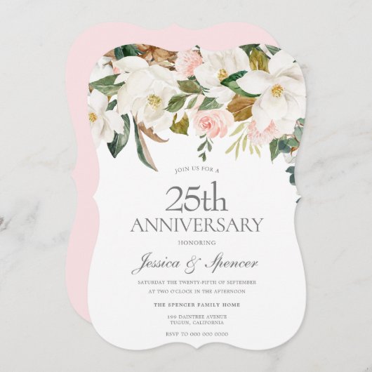 Moderne Blush Witte Bloem 25e Huwelijksverjaardag Kaart (Voorkant / Achterkant)