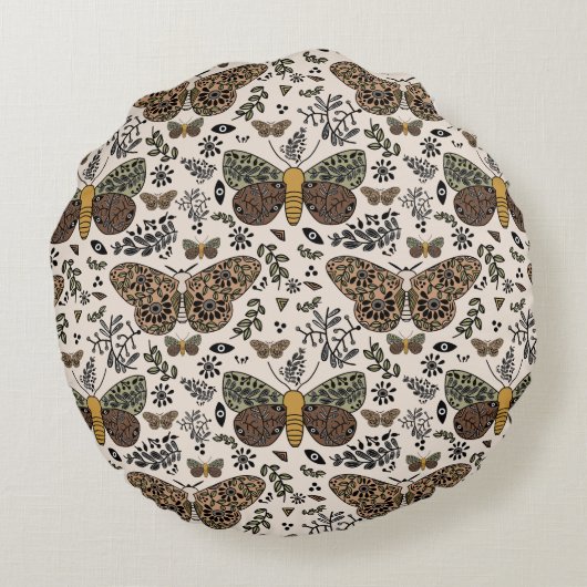 Moderne Boheemse Moth Wildflowers Abstract patroon Rond Kussen (Achterkant)