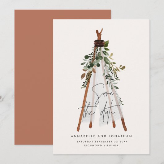 Moderne bohemische theepebotanische achtertuin save the date (Voorkant / Achterkant)