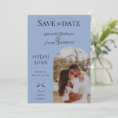 Moderne Boho Arch-foto | Dusty Blue Save The Date (Staand voorkant)