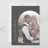 Moderne Boho Arch | Grijze foto Trouw Kerstmis Save The Date (Voorkant)