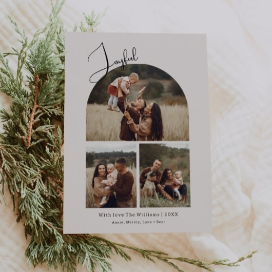 Moderne Boho Arch Joyful Groen 3 Foto Kerstmis Feestdagenkaart